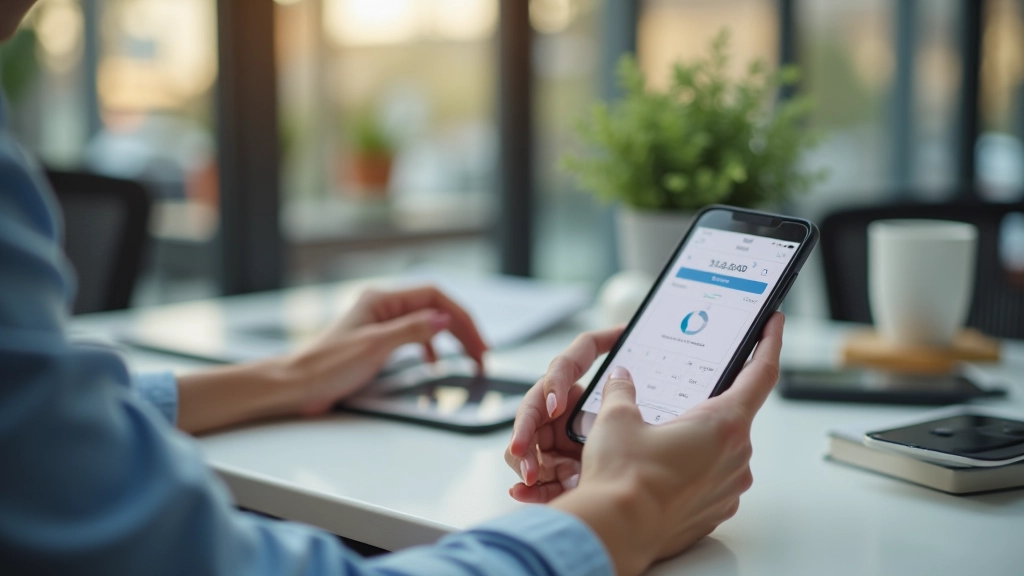 Smartphone affichant l'interface d'une application bancaire avec transfert automatique configuré, mains tenant le téléphone, bureau moderne
