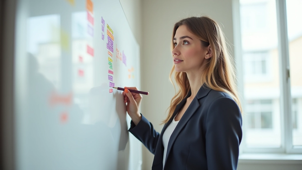 Personne planifiant un budget sur un tableau blanc avec notes et marqueurs colorés