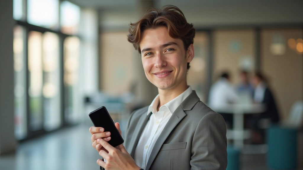 Jeune adulte consultant ses finances sur son téléphone dans un cadre urbain moderne, interface bancaire visible