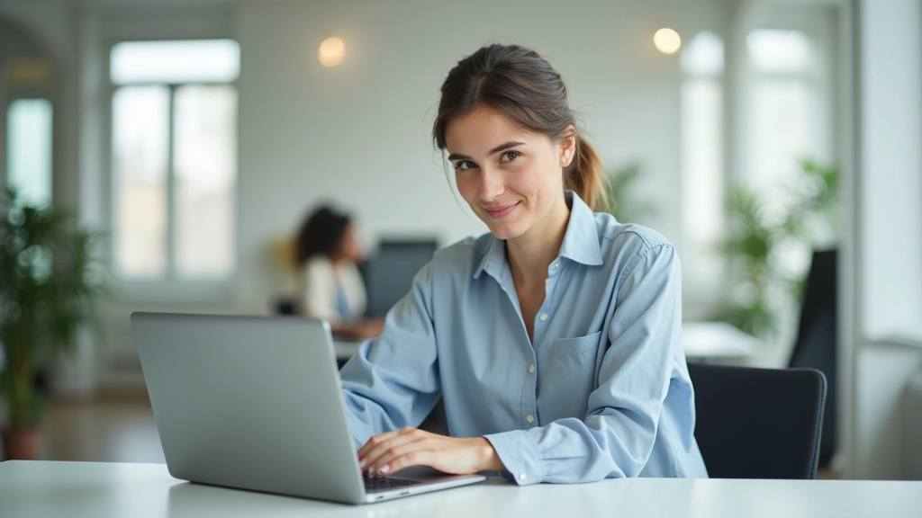Jeune femme professionnelle travaillant sur ordinateur portable à son bureau, environnement bureau moderne lumineux