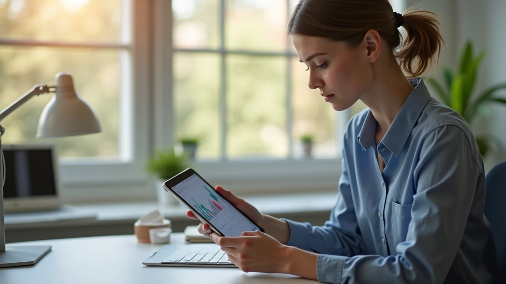 Jeune femme consultante examinent des graphiques financiers sur un bureau minimaliste avec tablette numérique