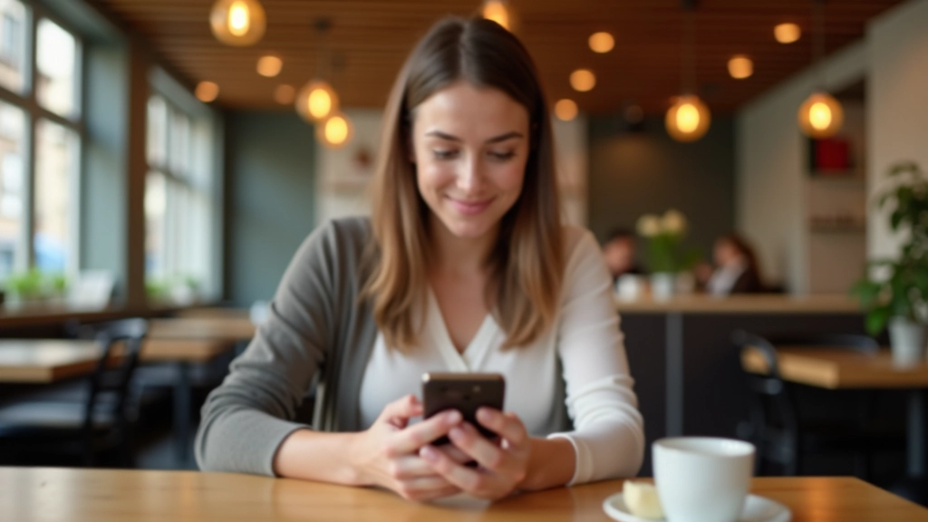 Jeune femme assise à une table, regardant son téléphone avec un sourire confiant, environnement de café moderne